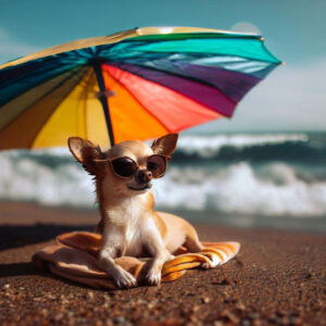 Chihuahua tomando el sol en una playa para perros en España con gafas de sol